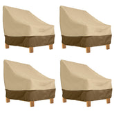 Classic Accessories front view of four veranda covers protecting lounge chairs, keeps furniture dry