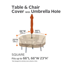 Classic Accessories detail of umbrella hole design for table with umbrella