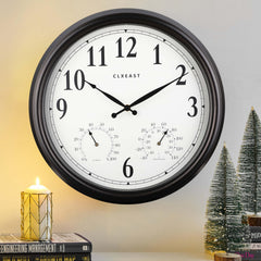 CLXEAST front view of 18-inch outdoor clock showing clear numerals and glass face for easy time reading