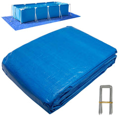 codree front packaging showing full 24 x 16 ft pool mat and included stakes for easy identification and setup