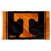 College Flags & Banners Co. front view of Tennessee Volunteers dark-mode flag showing bold logo and benefit of high visibility