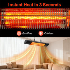 Colliford ceiling-mounted heater angled over table, demonstrates flexible positioning benefit