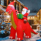 COMIN front view of Santa riding dinosaur showing height and festive presence