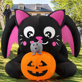 COMIN front view of 5 ft cat with pumpkin showing cheerful yard charm