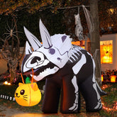 COMIN front view of 6.5 ft Triceratops inflatable creating spooky curb appeal