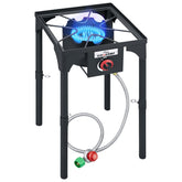 COOKAMP front view of burner showing sturdy frame and control knob for reliable power