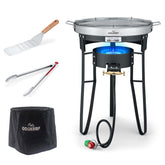 COOKAMP front view showing burner and packaging highlighting durability