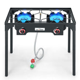 COOKAMP front view of two-burner stove showing durable frame and controls for reliable cooking