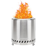 COOZOOM front view on table showing compact stainless steel firepit and neat flame benefits ambiance