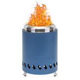 COOZOOM front view on table showing compact stainless-steel fire pit and bright flame benefit