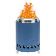 COOZOOM front view on table showing compact stainless-steel fire pit and bright flame benefit