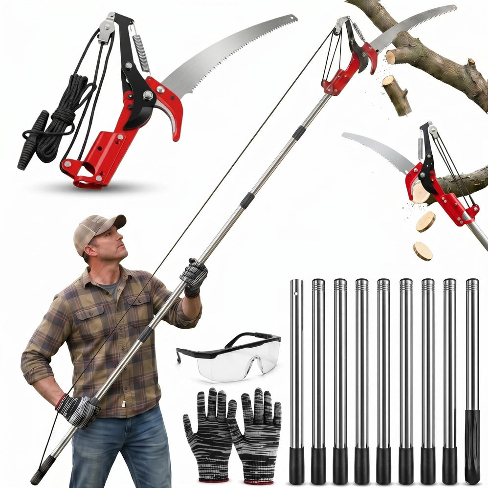 Cprnru front view of pole saw showing dual head and handle for versatile trimming