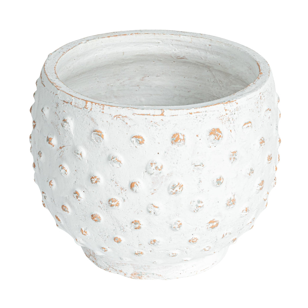Creative Co-Op front view of the distressed white hobnail planter showing shape and appeal
