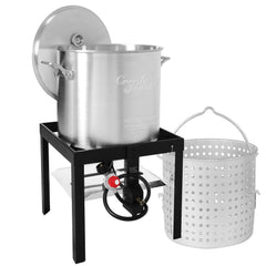 Creole Feast front view showing pot and burner, highlights quick large-batch boiling
