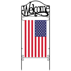 CroBlissful front view of iron garden flag stand showcasing durable build and curb appeal