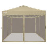 CROWN SHADES front view of full 10x10 khaki netting protecting gazebo