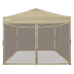 CROWN SHADES front view of full 10x10 khaki netting protecting gazebo