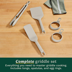 Cuisinart close-up of nylon spatula edge sliding under pancake without scratching
