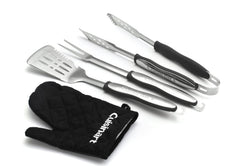 Cuisinart front view of complete tool set showing spatula tongs fork glove, durable convenience