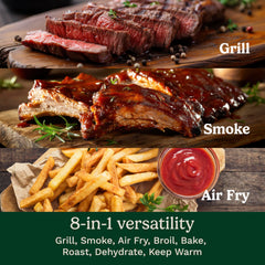 Cuisinart grill open with sizzling steak demonstrating high-heat searing capability