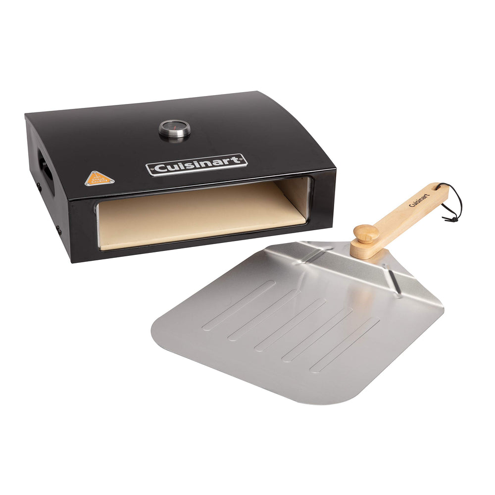 Cuisinart grill-top oven sitting on a grill, fast outdoor pizza baking benefit