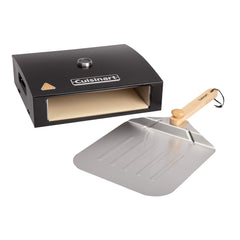 Cuisinart grill-top oven sitting on a grill, fast outdoor pizza baking benefit
