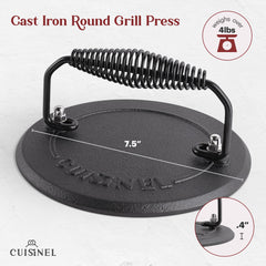 Cuisinel 7-inch grill press pressing a burger for faster searing and flatter cooking