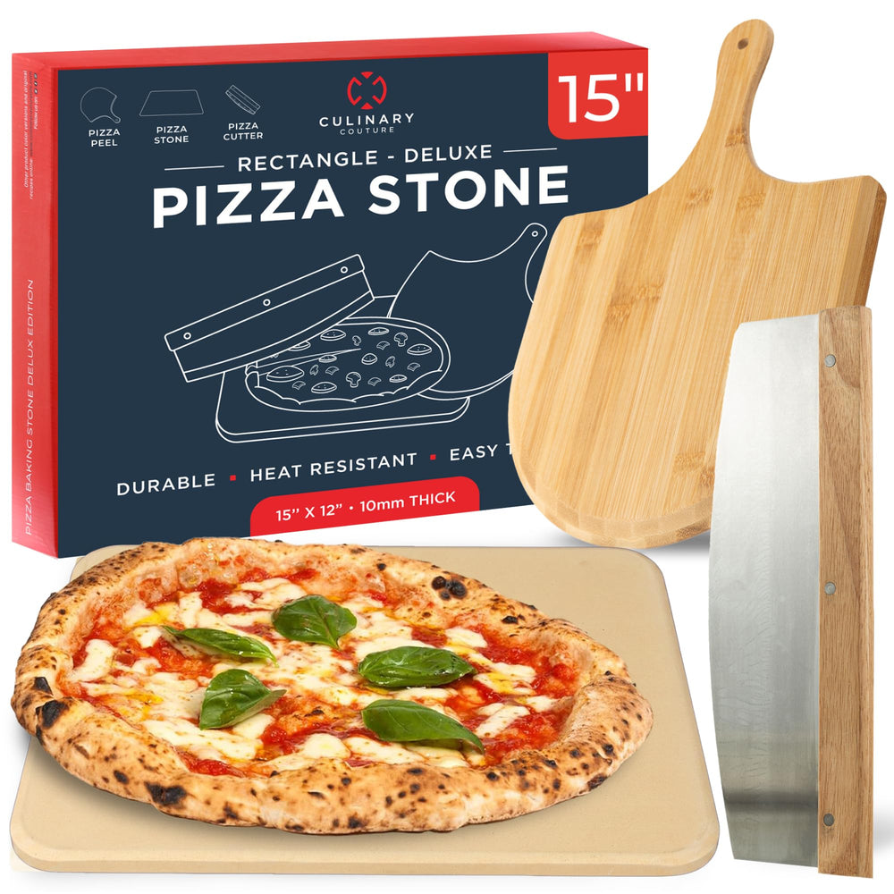 Culinary Couture front packaging showing 15x12 pizza stone set benefit crisp crusts