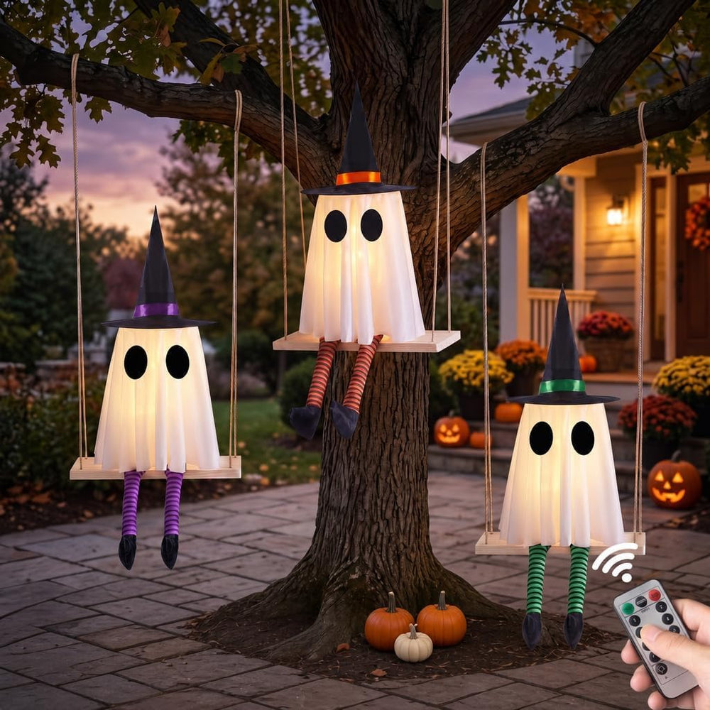 CYSKXYI front view of three glowing witch ghosts on swings, eye-catching yard focal point