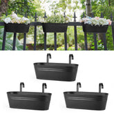 Dahey front view of three black 15-inch railing planters showing tidy balcony gardening benefit