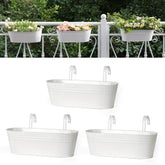 Dahey front view of white railing planter showing neat garden display and space savings