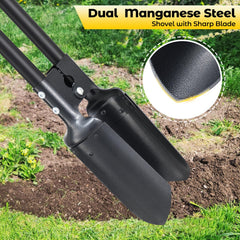 DAKEPOLE close-up of dual sharp blades cutting soil, clean plug removal benefit