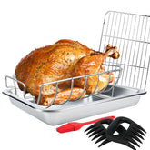 Dallden front view of roasting pan with racks showing sturdy construction and versatility