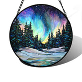 DASTOLL front view of Aurora stained glass panel shows vibrant landscape and bright colors