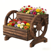 Dawnyard wagon planter front view showing rustic carbonized finish and curb appeal