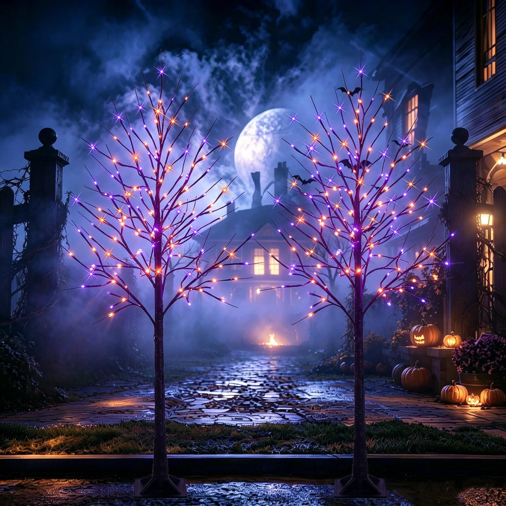 Dazzle Bright front view of two 6ft black birch trees creating spooky ambiance
