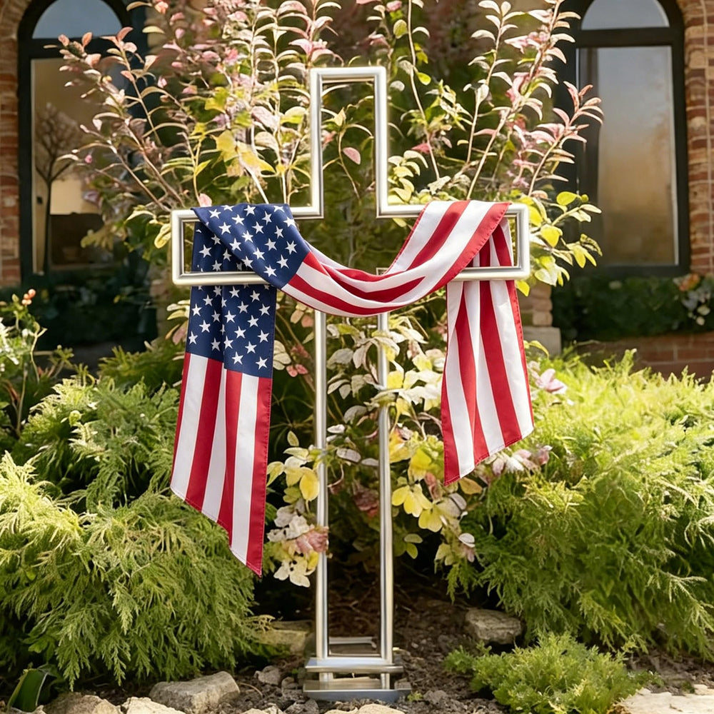 Deborg metal cross front view showing tall patriotic silhouette and presence