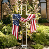 Deborg metal cross front view showing tall patriotic silhouette and presence