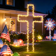 Deborg cross lit in yard at night showing DIY light-up effect and visibility