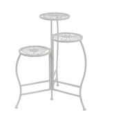 Deco 79 front view of white metal plant stand showing tiers and compact footprint for space saving