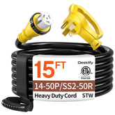 Deeklify front view showing NEMA14-50P plug and SS2-50R socket, ensuring secure heavy-duty connection