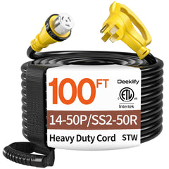 Deeklify front view showing NEMA14-50P plug and SS2-50R receptacle for secure power