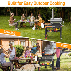 DeintYei griddle stand in tailgate scene showing mobility and setup benefit