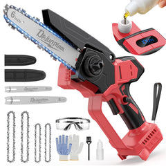 DEJUNPIOOL front view of mini chainsaw showing compact design and ergonomic grip
