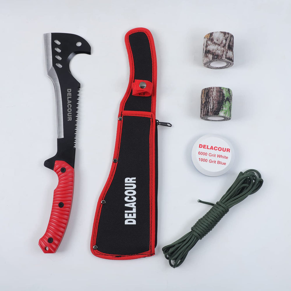 Delacour front view packaged showing full machete and sheath for dependable carry
