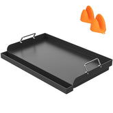 DELSbbq griddle front view showing full 25x16 cooking surface and benefits