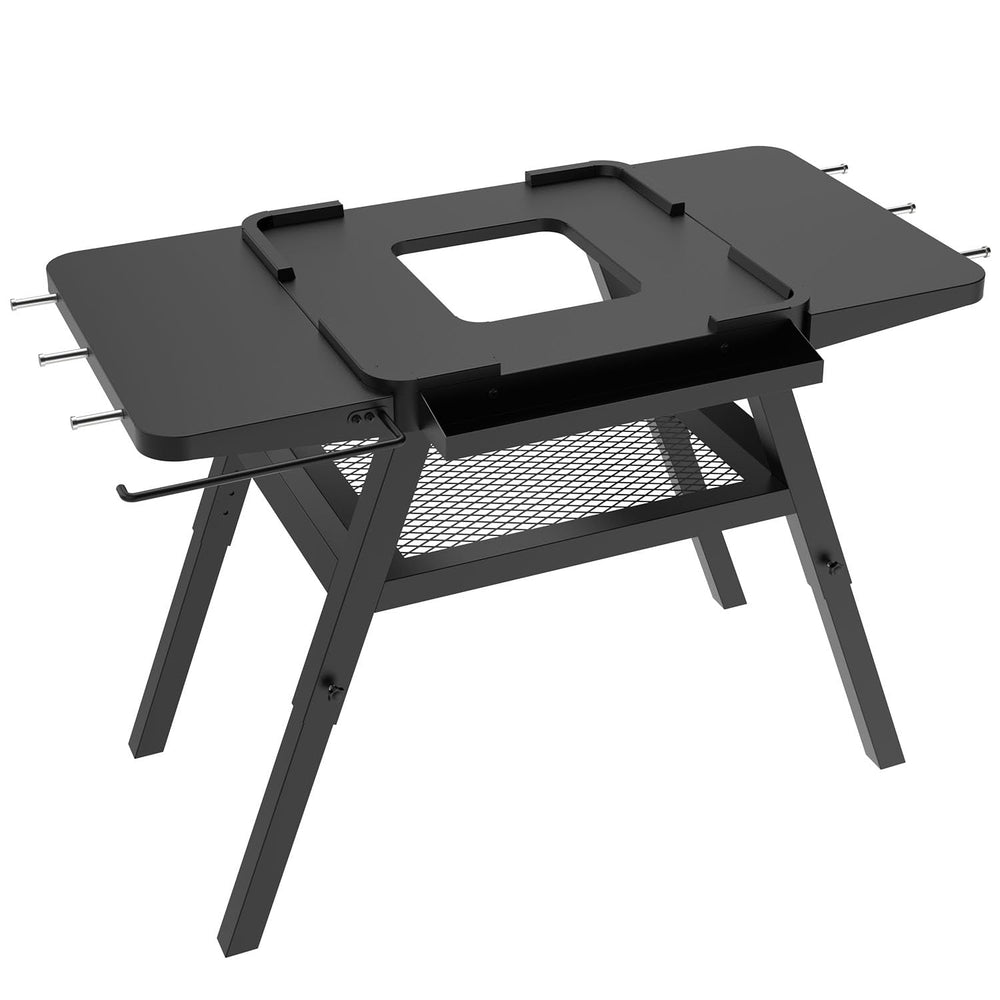 DELSbbq stand front view showing stable steel frame and workspace benefit