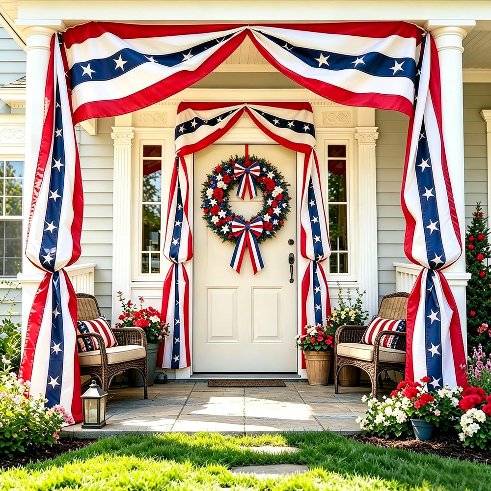 DERJLY full-length bunting banner displayed on porch for festive curb appeal