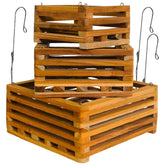 DESQUIGGLE front view of three hanging teak baskets showing sizes and finish