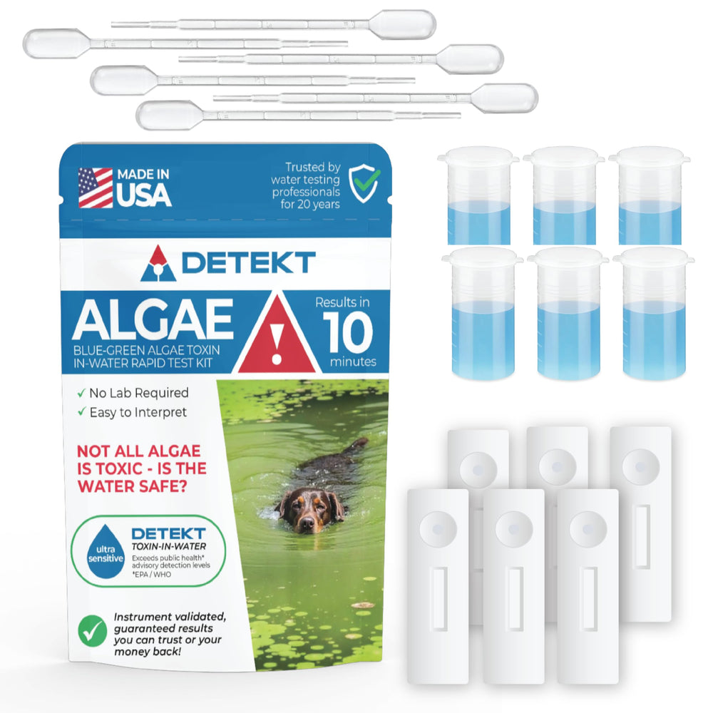 Detekt front packaging showing kit for fast pond toxin screening and confident decisions
